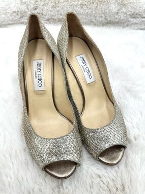 Jimmy Choo Isabel Champagne Glitter Peep Toe Pumps 40.5 US 10.5 Gold Heels
